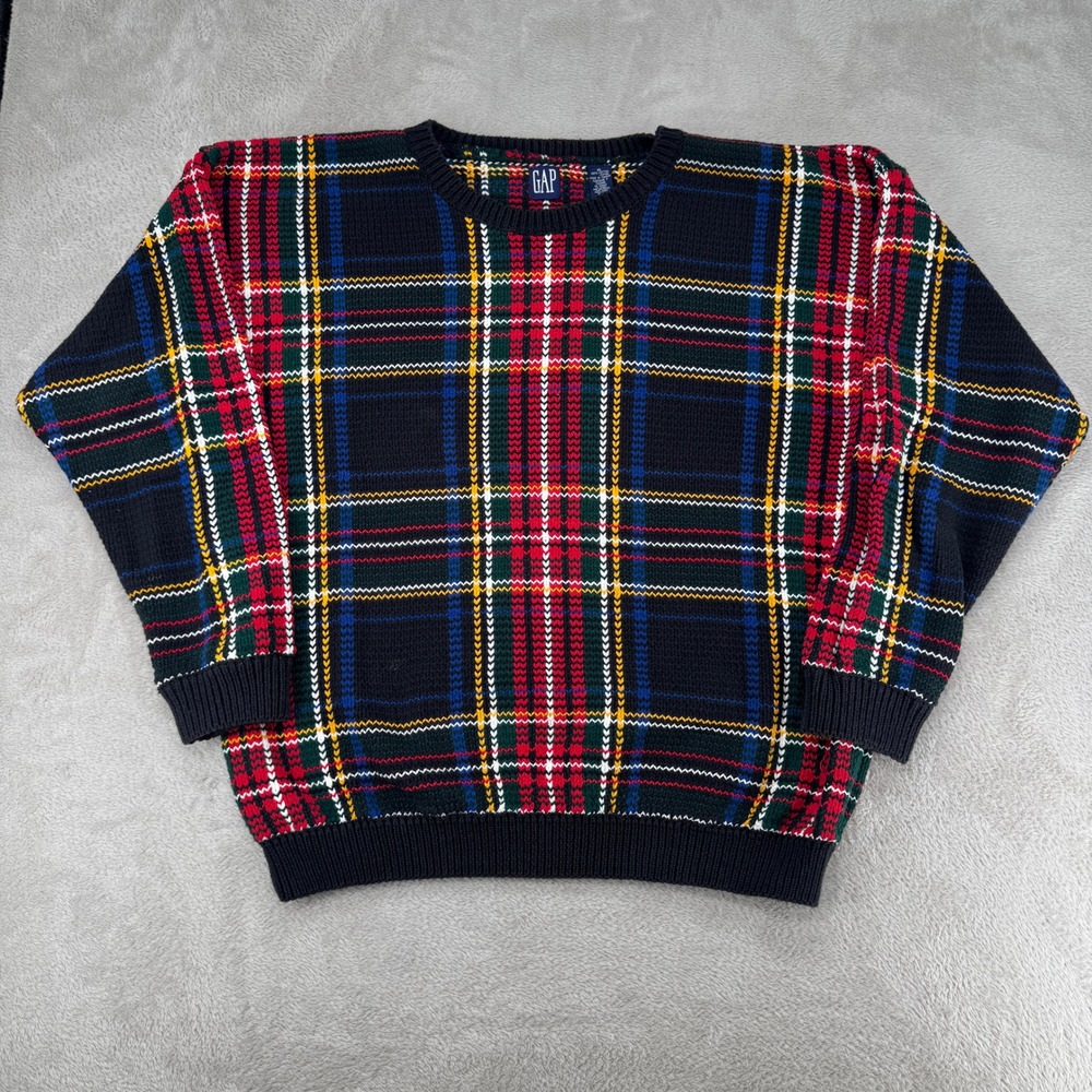 GAP Mens Sweater XL Blue Plaid Crewneck Cotton Knit Preowned 2058